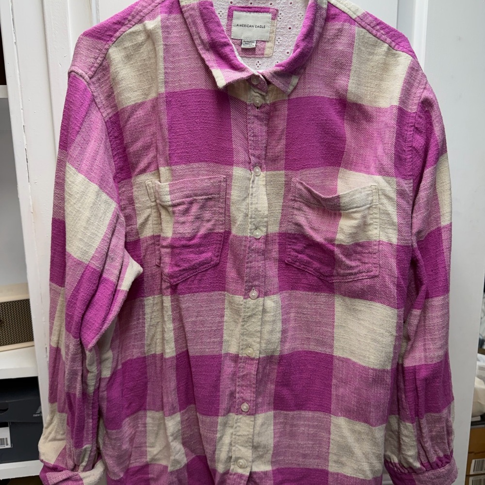 American Eagle Pink & Cream Plaid Shirt with Embroidered Eyelet Lining
